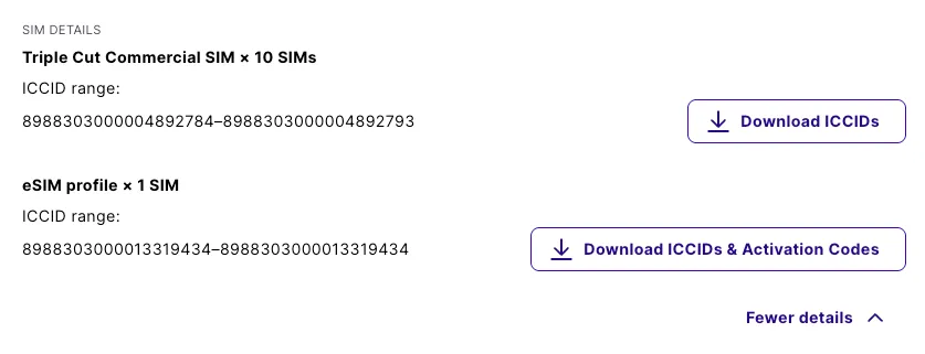 The eSIM profile row on the Orders page, with the Download ICCIDs & Activation Codes button.