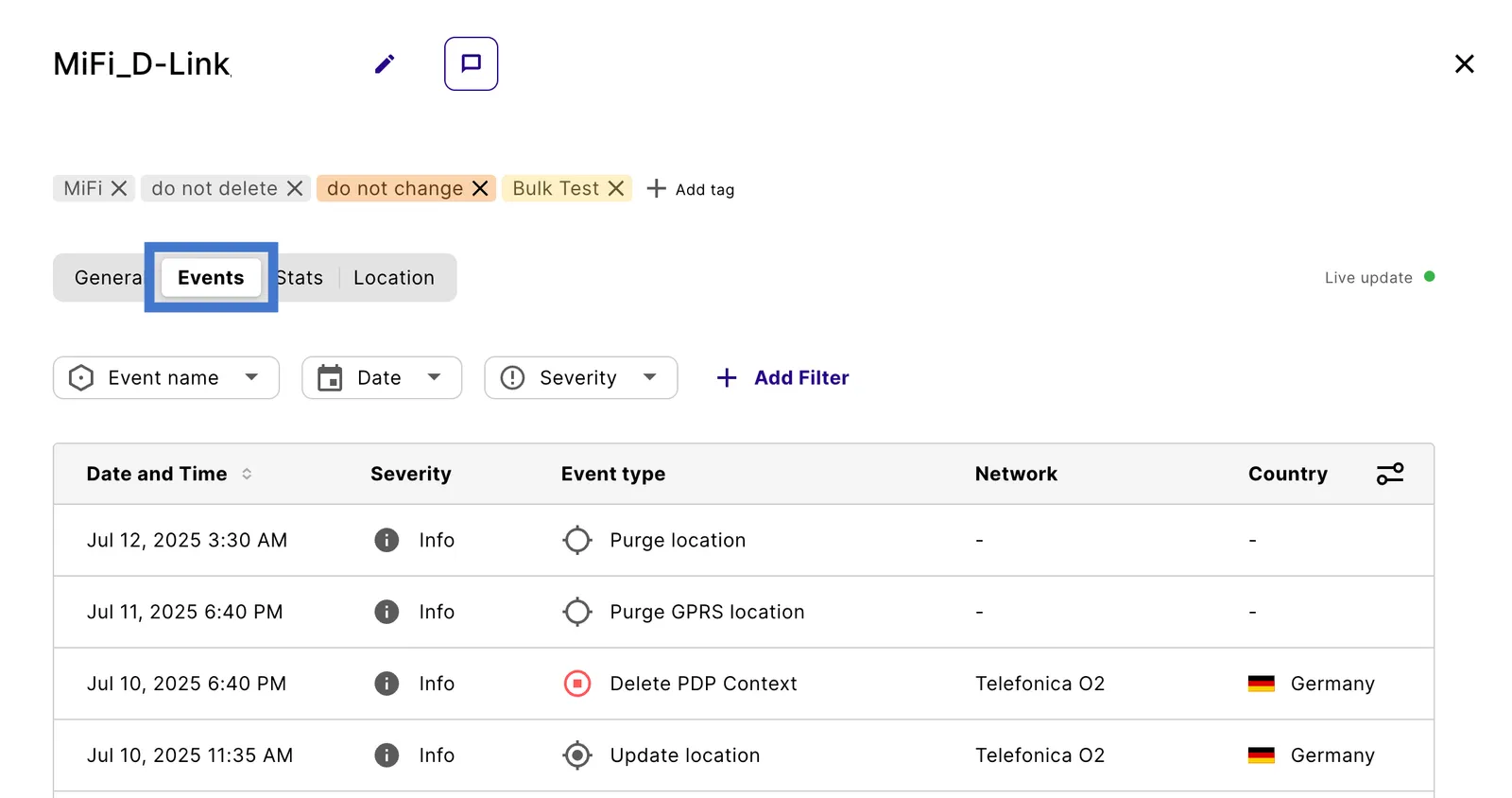 Device Events tab with filters and a table of event types, networks, and countries