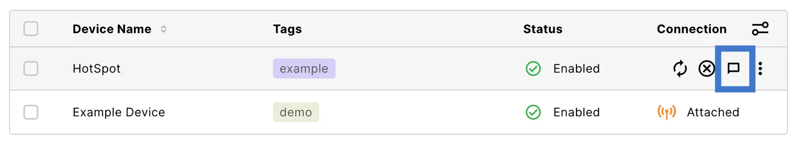 Message icon in a device row of the Connected Devices list