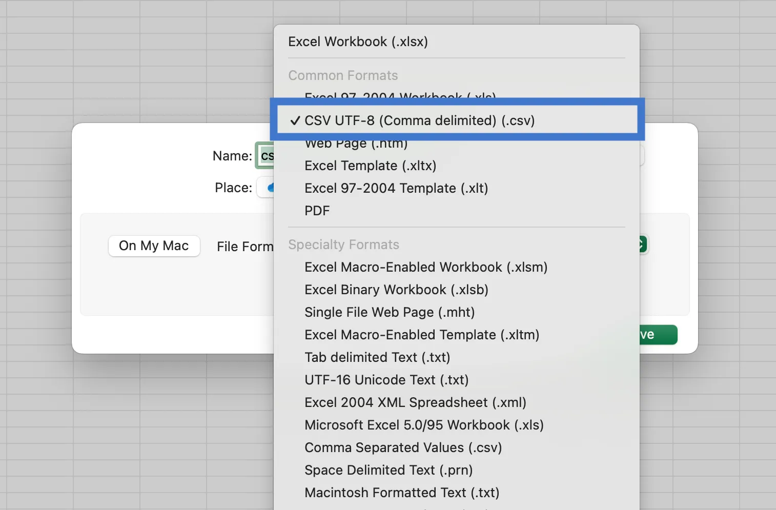 Microsoft Excel File Format list with CSV UTF-8 Comma delimited selected, above the plain Comma Separated Values option