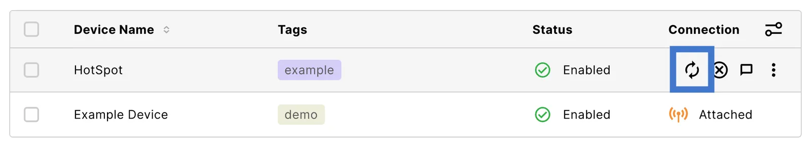 Reset connectivity icon in a device row, next to the disable and SMS console icons