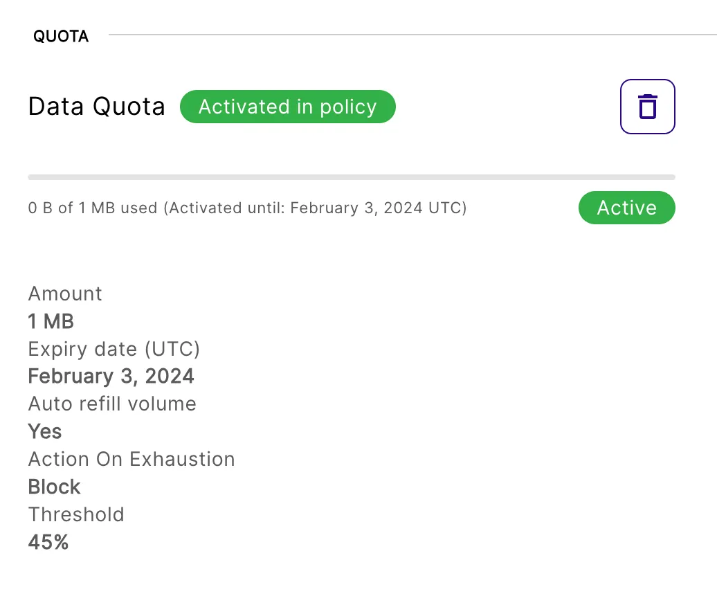 Data Quota details with 1 MB amount, February 3 2024 expiry, auto refill Yes, block on exhaustion, 45 percent threshold