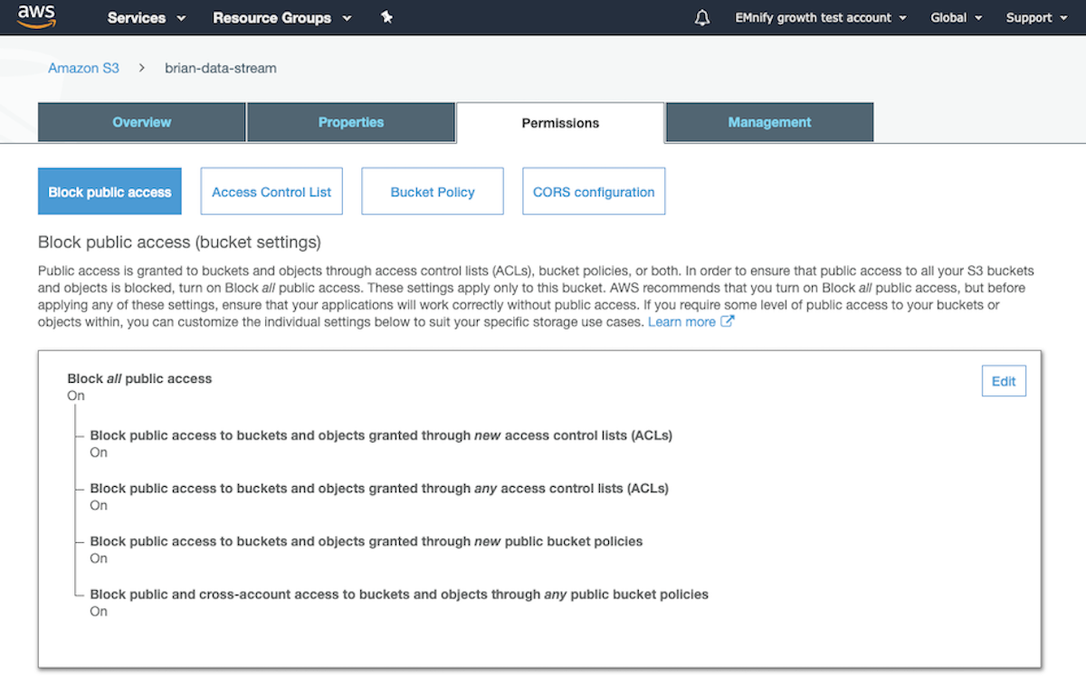 Screenshot from a test S3 bucket in the AWS console. The 'Permissions' tab is active at the top. Underneath, 'Block public access' is selected. There is a description about the block public access bucket settings, followed by a panel indicating that 'Block all public access' is marked as 'On.' There is also an 'Edit' button in this panel.